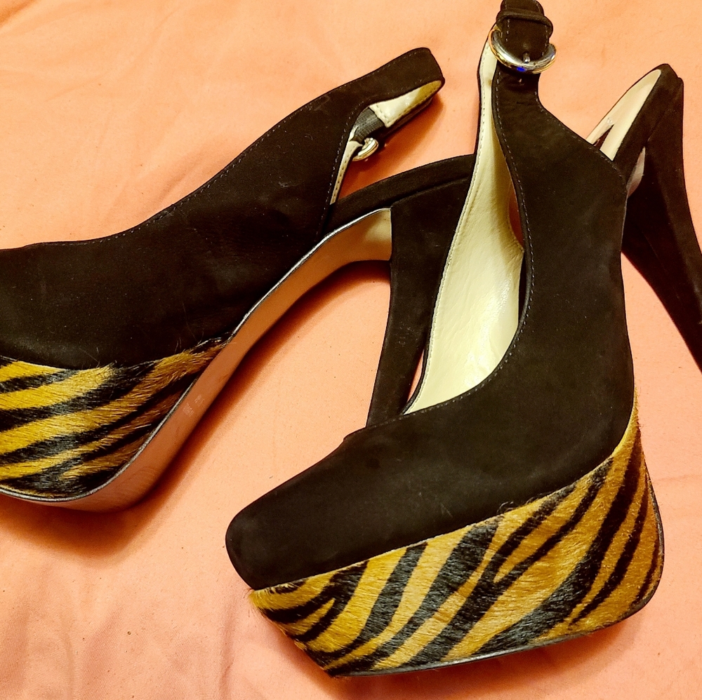 Steven by Steve Madden Tiger fur and suede heels